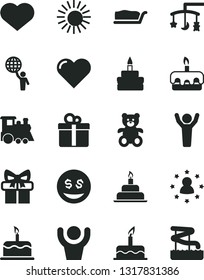 Solid Black Vector Icon Set - heart symbol vector, toys over the cradle, teddy bear, children's train, cake, birthday, gift, slice, torte, man hold world, hands up, stars around, dollar eyes, sun