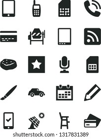 Solid Black Vector Icon Set - tassel vector, desktop microphone, calendar, bank card, rss feed, a chair for feeding child, concrete mixer, piece of meat, big solar panel, retro car, SIM, pencil