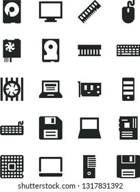 Solid Black Vector Icon Set - floppy disk vector, laptop, monitor, processor, notebook pc, radiator fan, mouse, keyboard, power supply, tower, motherboard, memory, card, hdd