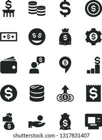 Solid Black Vector Icon Set - coins vector, column of, denomination the dollar, financial item, catch a coin, wallet, dollars, money bag hand, pedestal, gear, eyes, growth, dialog, pin, atm