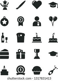 Solid Black Vector Icon Set - tassel vector, colored air balloons, cake, heart, gift, square academic hat, Easter, piece of, birthday, gold cup, star, man with medal, graduate, pennant, ribbon, wine