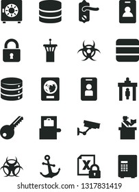 Solid Black Vector Icon Set - key vector, door knob, lock, anchor, big data, strongbox, encrypting, biohazard, airport tower, identity card, security gate, baggage scanner, passort control, passport
