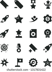 Solid Black Vector Icon Set - add bookmark vector, remove label, star gear, rocket, space, bang, cup, reward, flag, medal, hero, certificate, dollar, flying man, disco ball, starfish