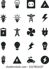 Solid Black Vector Icon Set - lightning vector, danger of electricity, matte light bulb, saving, power socket type f, fan screw, charging battery, line, pole, plug, energy, electric car