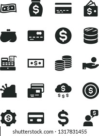 Solid Black Vector Icon Set - bank card vector, cards, coins, reverse side of a, front the, column, denomination dollar, catch coin, purse, money, cash machine, cashbox, rain, gear, wallet, dialog