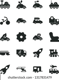 Solid Black Vector Icon Set - Truck Lorry Vector, Baby Chair, Toy Train, Tricycle, Delivery, Eco Car, Environmentally Friendly Transport, Electric, Retro, Autopilot, Rocket, Express, Lunar Rover