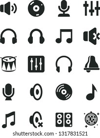 Solid Black Vector Icon Set - bell vector, loudspeaker, silent mode, drum, headphones, microphone, music, CD, regulator, volume, no sound, pc speaker, note, settings, disco ball