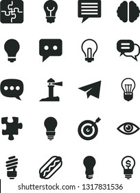 Solid Black Vector Icon Set - image of thought vector, matte light bulb, incandescent lamp, paper airplane, Puzzle, Puzzles, saving, eye, Hot Dog, coastal lighthouse, think, speech, brain, target