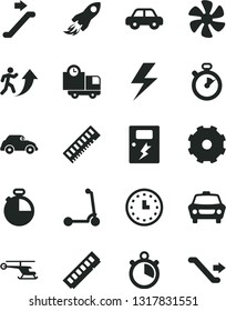 Solid Black Vector Icon Set - truck lorry vector, lightning, motor vehicle, child Kick scooter, dangers, timer, car, delivery, marine propeller, retro, space rocket, wall watch, memory, stopwatch