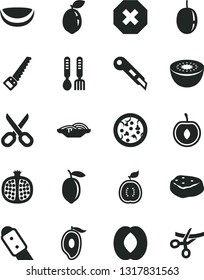 Solid Black Vector Icon Set - scissors vector, mark of injury, iron fork spoons, arm saw, knife, stationery, pizza, slices onion, piece meat, half pomegranate, mango, peach, cherry, passion fruit