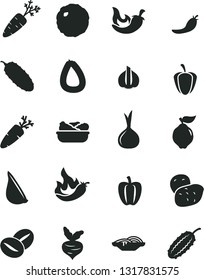 Solid Black Vector Icon Set - stick of sausage vector, slices onion, lettuce in a plate, cabbage, cucumber, chili, garlic, carrot, coffee beans, quince, Bell pepper, ripe, red, hot, potato, beet