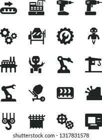 Solid Black Vector Icon Set - crane vector, winch hook, gears, concrete mixer, cordless drill, gear, industrial enterprise, conveyor, production, cloth industry, robot welder, assembly, cash machine