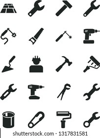 Solid Black Vector Icon Set - paint roller vector, repair key, safety pin, building trowel, adjustable wrench, cordless drill, hand saw, paving slab, hammer, with claw, builder, pipes, welding, gas