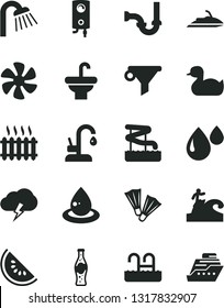 Solid Black Vector Icon Set - rubber duck vector, washbasin, shower, sewerage, kitchen faucet, boiler, storm cloud, bottle of soda, slice water melon, marine propeller, drop, oil, cast iron radiator