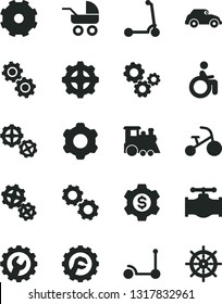 Solid Black Vector Icon Set - truck lorry vector, baby carriage, children's train, tricycle, Kick scooter, child, gears, cogwheel, gear, star, valve, retro car, dollar, disabled, handwheel