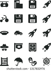 Solid Black Vector Icon Set - Floppy Disk Vector, Hat With Glasses, Bedside Table, Tricycle, Child Shoes, Abacus, Umbrella, Plate, Modern Gas Station, Retro Car, Vintage Sign, Rocket, Space