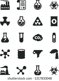 Solid Black Vector Icon Set - round flask vector, manufacture, factory, oil, barrel, industrial building, radiation, carbon dyoxide, water filter, research article, test tube, molecule, nuclear