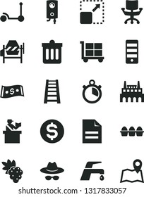 Solid Black Vector Icon Set - cargo trolley vector, scribbled paper, hat with glasses, Kick scooter, concrete mixer, stepladder, faucet, boiler, dust bin, expand picture, bundle of eggs, grape, map
