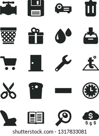 Solid Black Vector Icon Set - scissors vector, wicker pot, clock face, minus, car child seat, ntrance door, temperature, book, put in a box, gift, Easter cake, valve, drop, repair key, shopping cart
