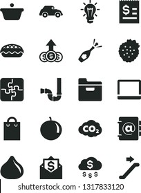 Solid Black Vector Icon Set - Puzzles vector, siphon, folder, address book, apple pie, strawberries, fig, tangerine, retro car, carbon dyoxide, pan, article on the dollar, bulb, bag, notebook pc