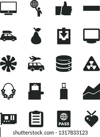 Solid Black Vector Icon Set - minus vector, line chart, download archive data, thumb up, passport, screen, big, pear, fan, pc card, monitor, nuclear, clipboard, man hold world, car baggage, scanner
