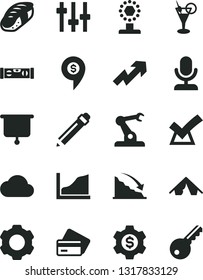 Solid Black Vector Icon Set - graphite pencil vector, growth up, building level, sushi, assembly robot, recession, settings, cloud, graph, presentation board, cup, confirm, dollar gear, microphone