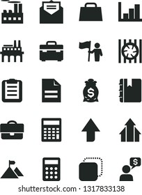 Solid Black Vector Icon Set - upward direction vector, scribbled paper, calculator, negative histogram, suitcase, received letter, notebook, copy, industrial building, enterprise, portfolio, money