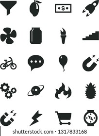 Solid Black Vector Icon Set - balloon vector, lightning, speech, mango, ripe pineapple, fan screw, jar, cart, filter, gears, magnet, flame, saturn, rocket, torch, stairway, dollar, bike, compass