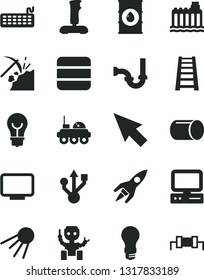 Solid Black Vector Icon Set - stepladder vector, sewerage, bulb, artificial satellite, coal mining, oil, light, hydroelectricity, pipe, computer, keyboard, monitor, usb, joystick, big data, cursor