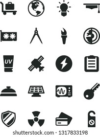 Solid Black Vector Icon Set - gpu card vector, nuclear, bulb, satellite, oscilloscope, graduate hat, clipboard, drawing compass, earth core, sun panel, flame torch, electricity, credit, uv cream