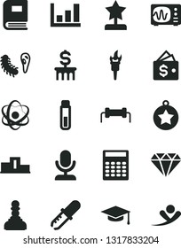Solid Black Vector Icon Set - test tube vector, atom, bactery, book, pipette, oscilloscope, graduate hat, calculator, growth graph, resistor, flame torch, pedestal, pawn, star reward, medal, diamond