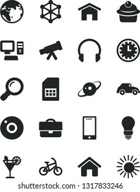 Solid Black Vector Icon Set - camera vector, clock face, house, bulb, home, headphones, smartphone, muffin, cocktail, retro car, SIM card, portfolio, computer, magnifier, telescope, saturn, 3d cube