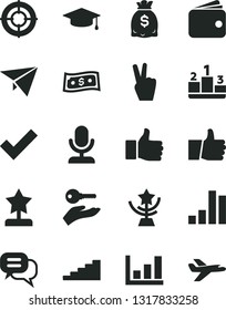 Solid Black Vector Icon Set - check mark vector, thumb up, pedestal, bar chart, wallet, dollars, growth graph, finger, star cup, reward, stairway, graduate, aim, arm with key, dialog, microphone