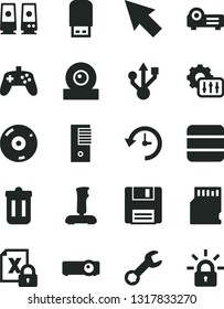 Solid Black Vector Icon Set - encrypting vector, pc tower, web camera, usb, cd, flash, speaker, trash bin, floppy, projector, joystick, sd card, big data, repair, history, settings, cursor