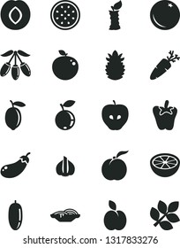 Solid Black Vector Icon Set - slices of onion vector, peper, carrot, apple, orange, ripe peach, tasty, plum, blueberry, goji berry, date fruit, lemon, half passion, delicious, pineapple, grapefruit
