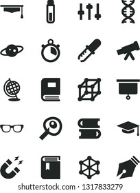 Solid Black Vector Icon Set - book vector, books, test tube, telescope, glasses, dna, settings, pipette, globe, magnet, graduate hat, artifical insimination, saturn, presentation board, stopwatch