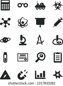 Solid Black Vector Icon Set - test tube vector, microscope, molecule, electricity, atom, glasses, biohazard, magnet, clipboard, calculator, drawing compass, artifical insimination, growth graph