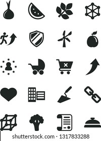 Solid Black Vector Icon Set - heart symbol vector, spectacles, baby stroller, trowel, city block, crossed cart, orange slice, guava, onion, broccoli, wind energy, research article, biology, 3d cube