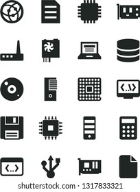 Solid Black Vector Icon Set - laptop vector, processor, calculator, pc power supply, tower, cpu, card, usb, router, cd, network, floppy, coding, big data, file