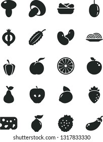 Solid Black Vector Icon Set - piece of cheese vector, onion, mushroom, porcini, lettuce in a plate, strawberries, pear, ripe peach, quince, tasty apple, raspberry, half medlar, passion fruit, orange