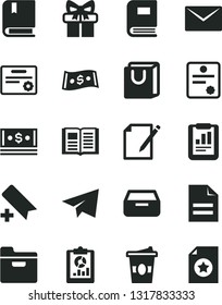 Solid Black Vector Icon Set - add bookmark vector, paper airplane, scribbled, e, envelope, book, folder, drawer, notes, bag with handles, coffe to go, statistical report, overview, cash, dollar