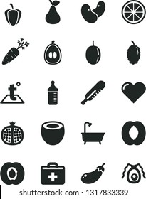 Solid Black Vector Icon Set - first aid kit vector, measuring bottle for feeding, mercury thermometer, bath, temperature, heart, pear, half apricot, pomegranate, mulberry, peach, loquat, juicy lemon