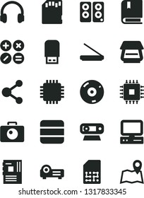 Solid Black Vector Icon Set - vector e, camera, math actions, SIM, connection, computer, motherboard, cpu, web, cd, scanner, usb flash, headphones, pc speaker, projector, sd card, big data, map