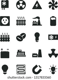 Solid Black Vector Icon Set - danger of electricity vector, matte light bulb, heating coil, radiator, coffee beans, marine propeller, charge level, factory, accumulator, hydroelectric station