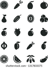 Solid Black Vector Icon Set - carrot vector, pear, orange slice, strawberry, half of medlar, blueberry, blueberries, loquat, goji berry, melon, tangerine, ripe plum, juicy lemon, passion fruit