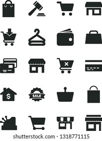 Solid Black Vector Icon Set - paper bag vector, bank card, hammer of a judge, put in cart, crossed, cards, kiosk, hanger, stall, shopping, basket, wallet, hand, cashbox, sale, mortgage, store