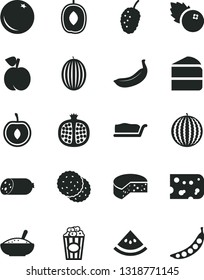 Solid Black Vector Icon Set - sausage vector, piece of cheese, cake, slice, a bowl rice porridge, cup popcorn, blueberries, biscuit, orange, peach, half pomegranate, tasty mulberry, melon, water