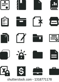 Solid Black Vector Icon Set - clean sheet of paper vector, scribbled, folder, bookmark, notebook, notes, delete page, survey, copy, briefcase, financial item, book on statistics, encrypting, scanner