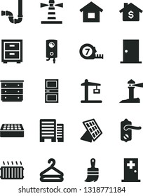 Solid Black Vector Icon Set - bedside table vector, chest of drawers, dwelling, long meashuring tape, wooden paint brush, siphon, door knob, ntrance, interroom, buildings, brick, boiler, hanger