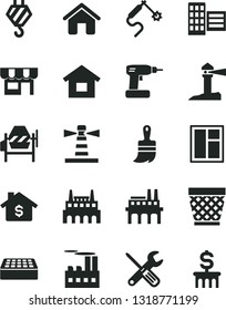 Solid Black Vector Icon Set - wicker pot vector, house, dwelling, hook, concrete mixer, window, small tools, cordless drill, wooden paint brush, city block, brick, kiosk, industrial building